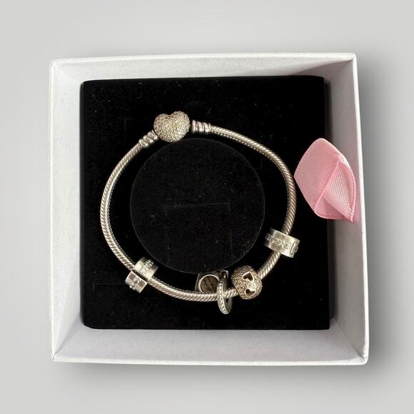 Pandora Moments Silver & Rose Gold Charm Bracelet -925 with Heart Clasp & Charms - Picture 9 of 11